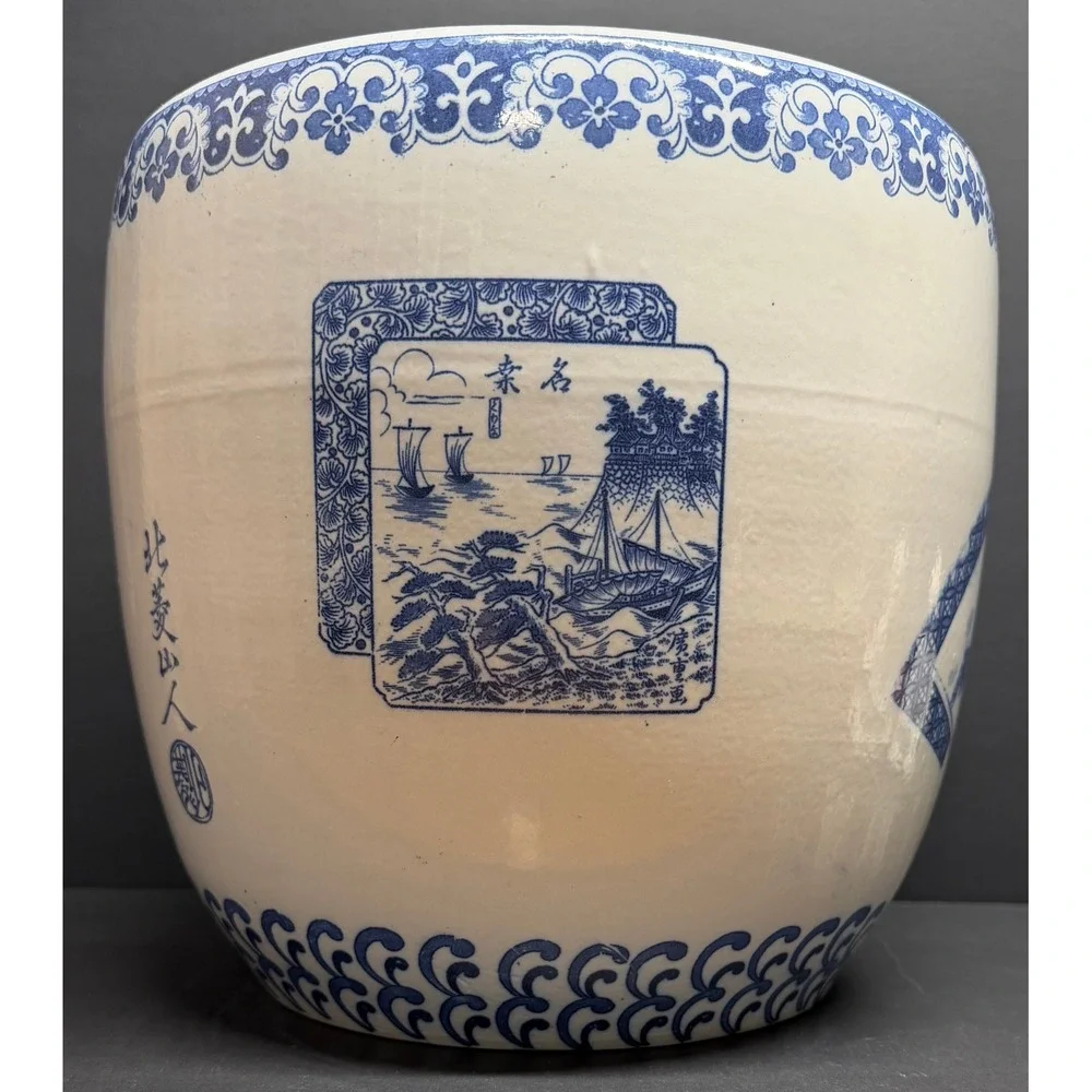 Vintage Japanese Blue and White Ceramic Planter Mount‎ Fuji Landscape Fishbowl